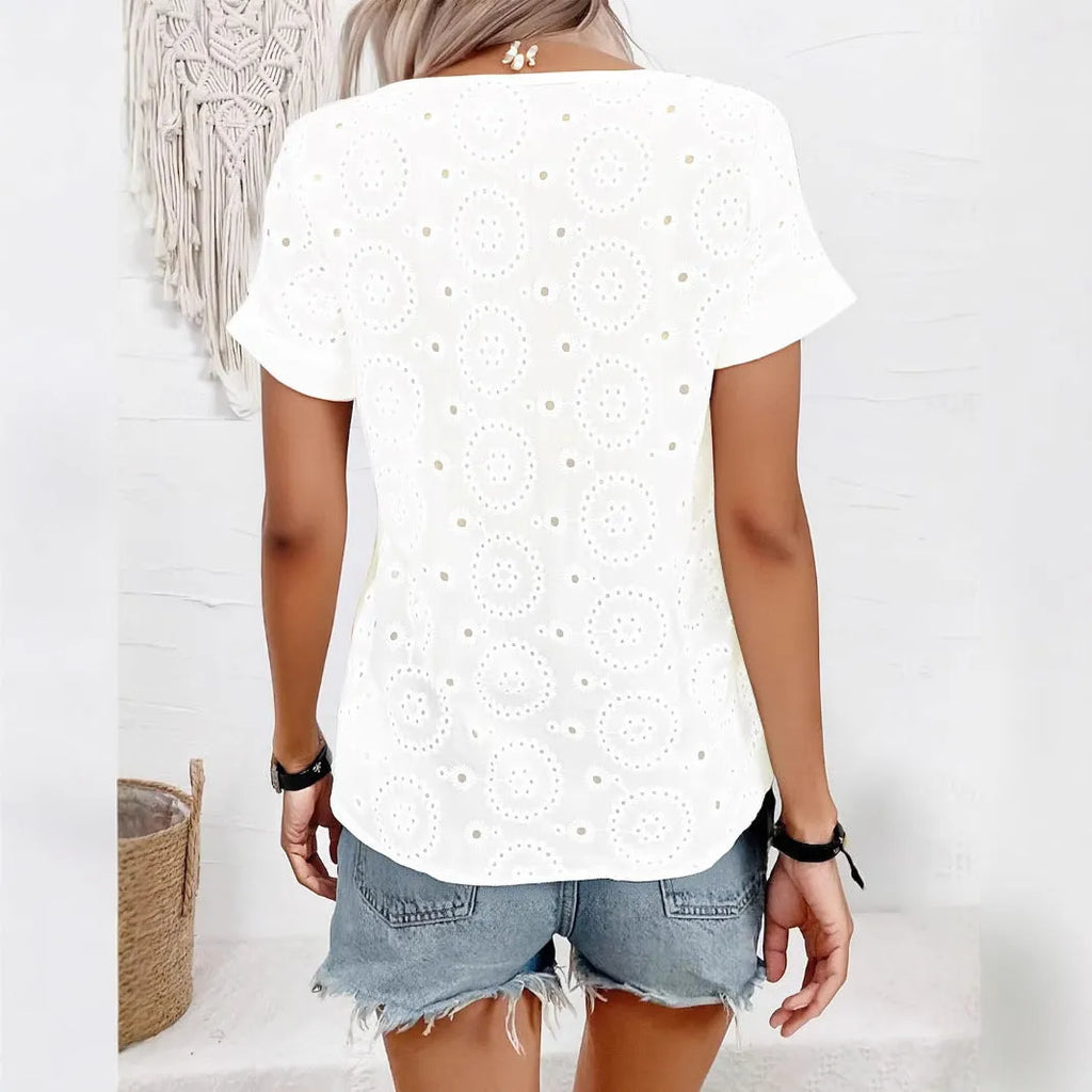 White women's V-neck T-shirt with hollow out French elegant detailing and short sleeves