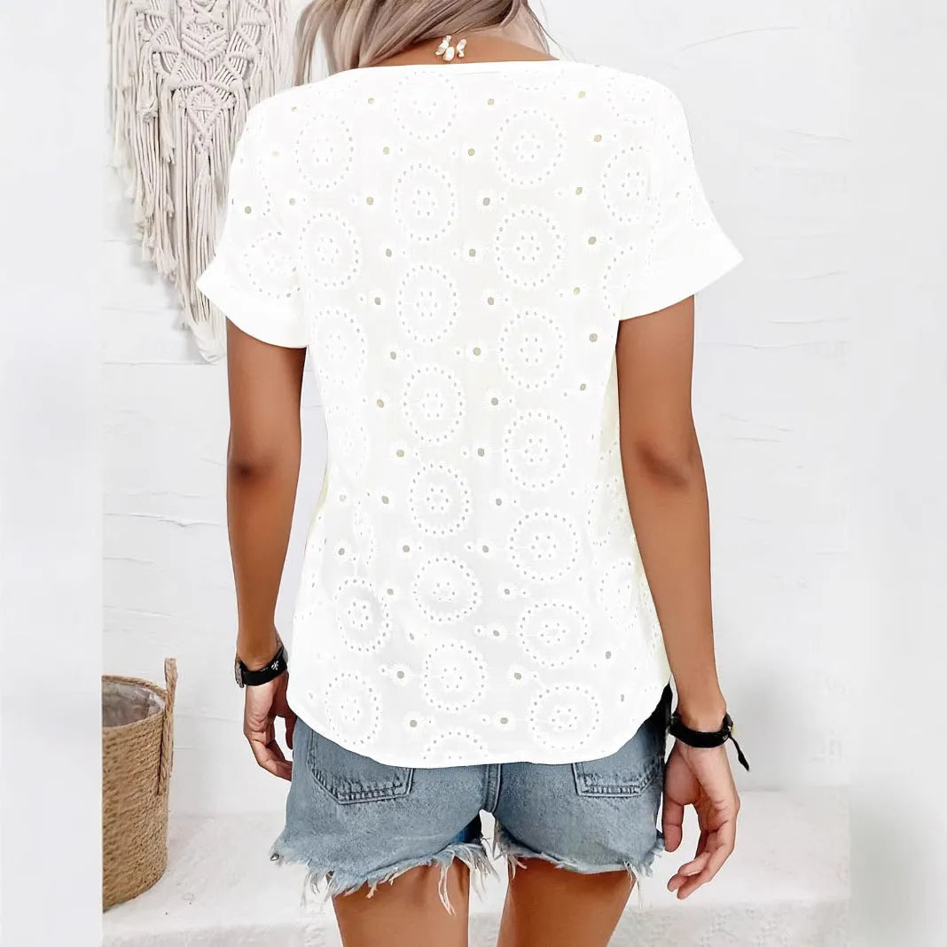 White women's V-neck T-shirt with hollow out French elegant detailing and short sleeves