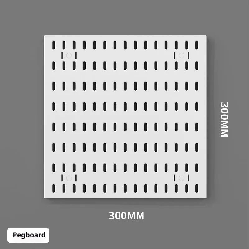 White punch-free plastic wire-wrap board storage rack mounted on a wall with hooks