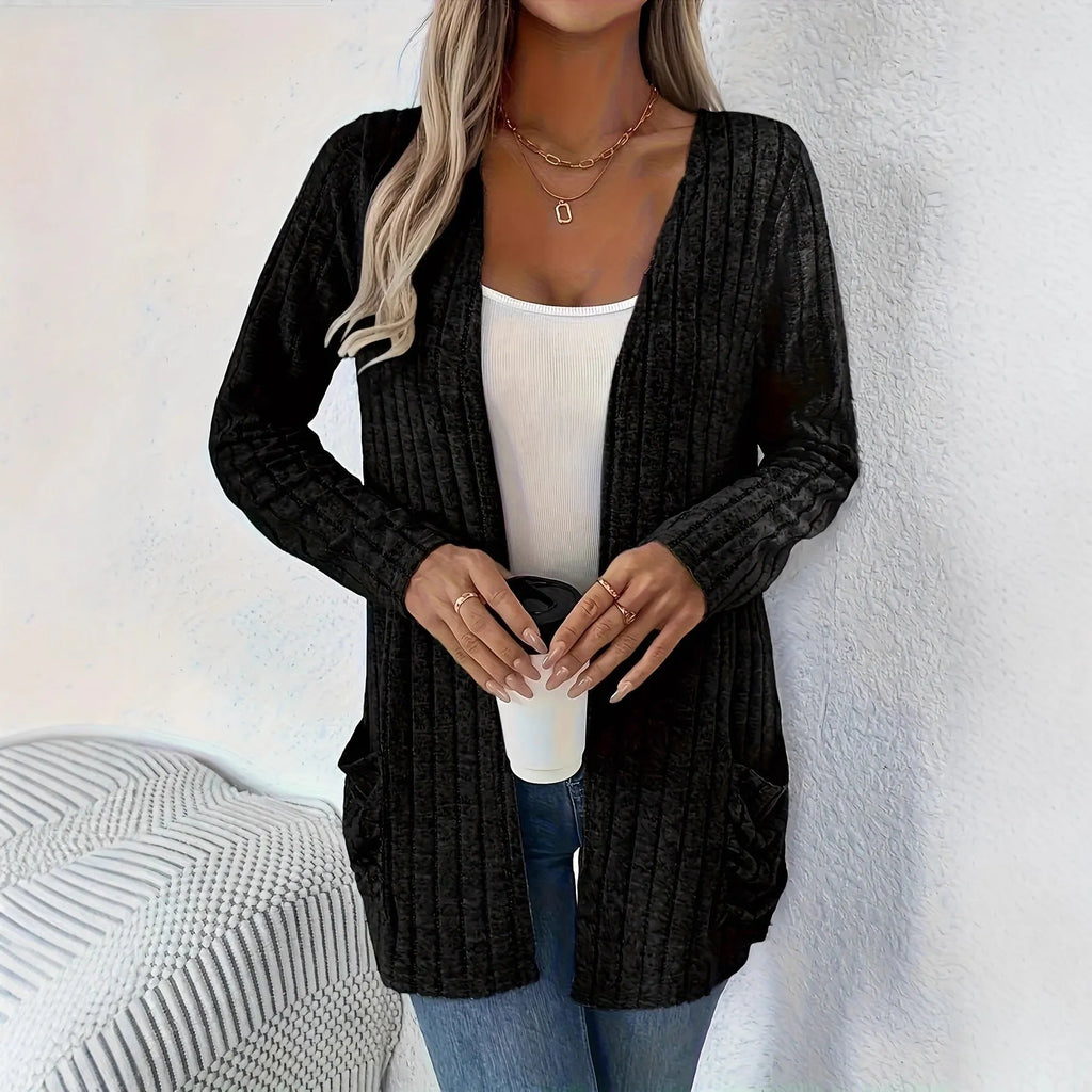 Long sleeve loose fit cardigan in solid colour with pockets, shown in black and granny grey.
