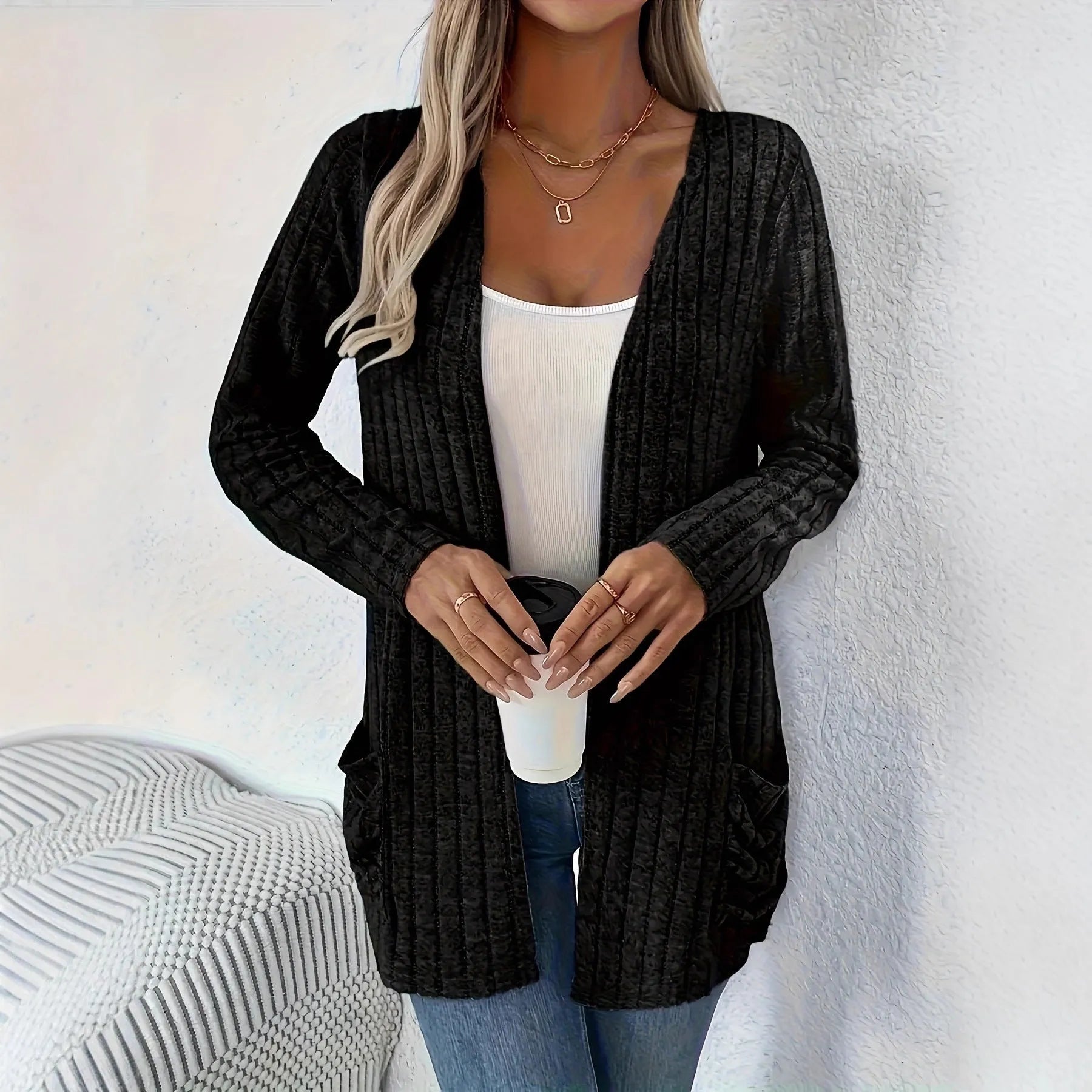 Long sleeve loose fit cardigan in solid colour with pockets, shown in black and granny grey.