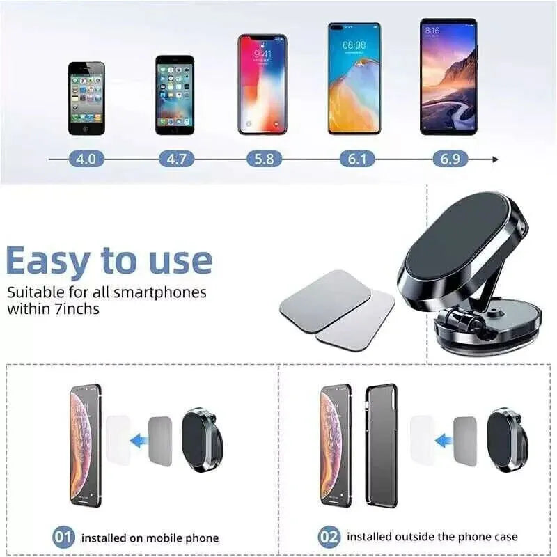 Chrome folding magnetic car phone holder mounted on a dashboard, shown in both extended and compact folded positions.