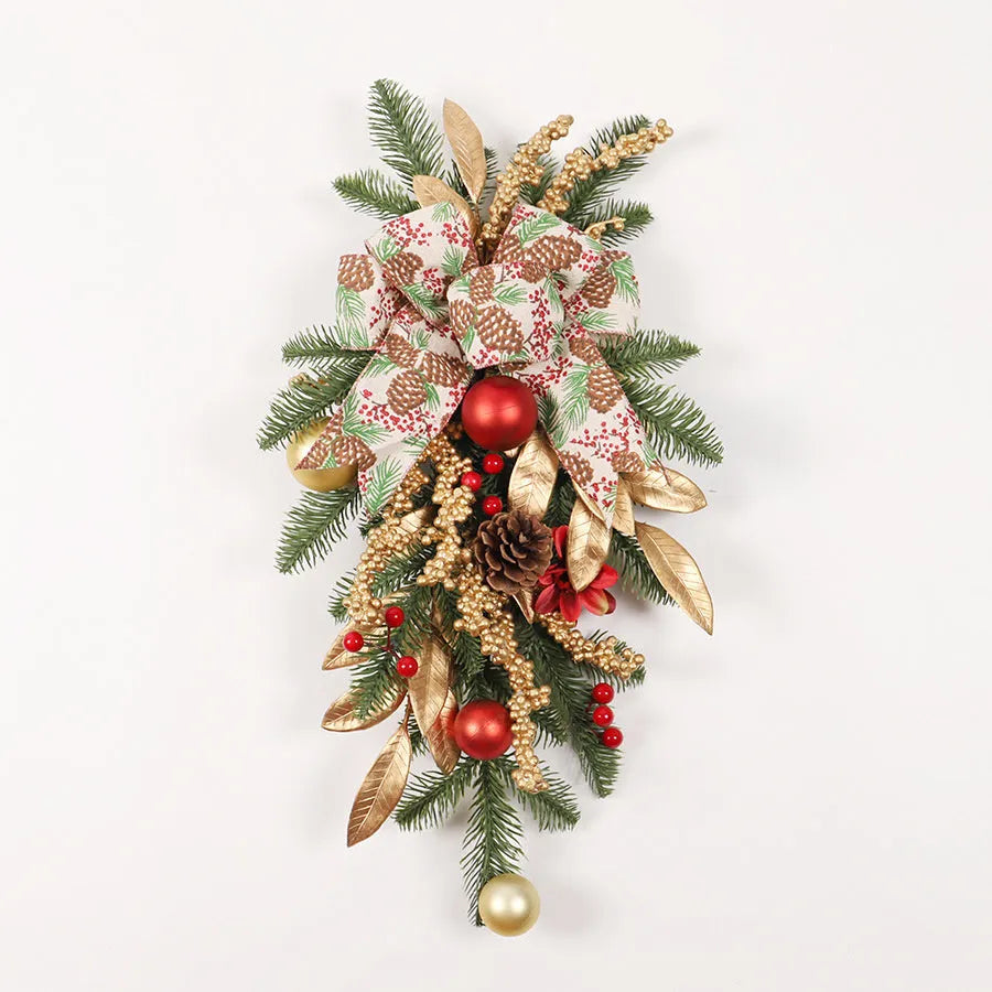 Plastic American country style Christmas garland with upside down ornaments, shown in stair wall hanging style.