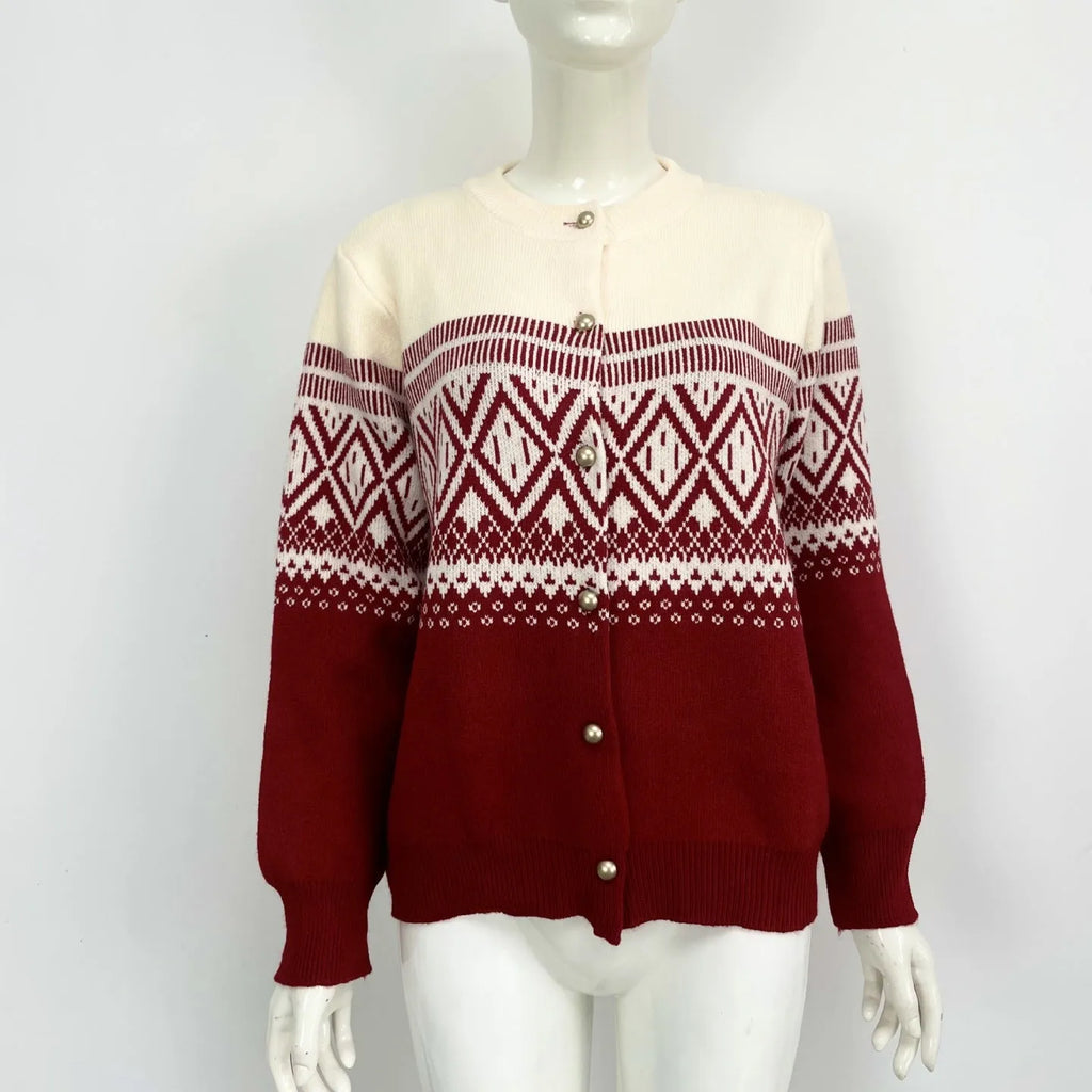 Women's red alpaca wool cardigan with diamond knit pattern and contrast colour detailing
