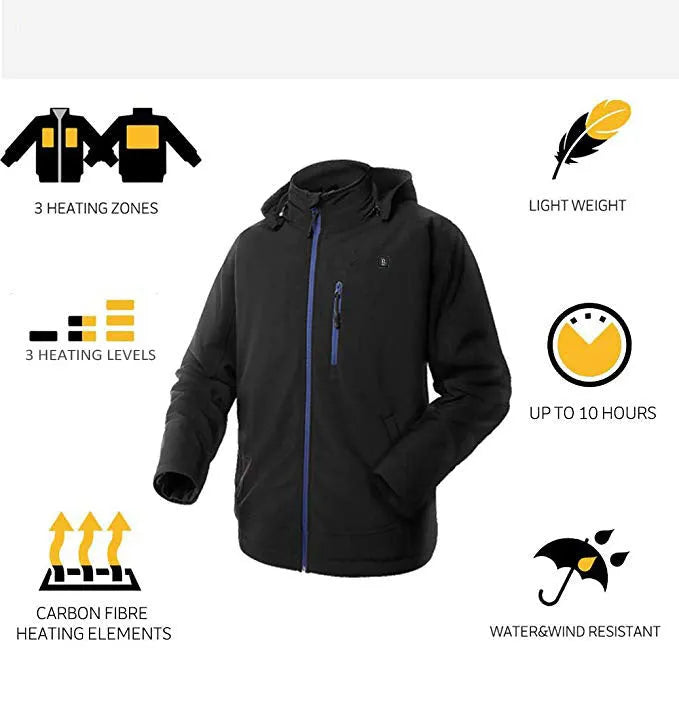 Black USB heating waterproof windproof thermal coat for men with zipper pockets and straight hem design