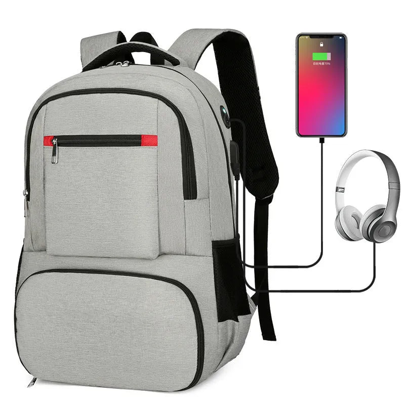 Light grey Oxford cloth insulated backpack with curved shoulder straps and pull rod belt