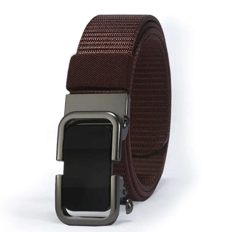 Men's nylon canvas belt with an alloy buckle shown in army green colour with a silver buckle.