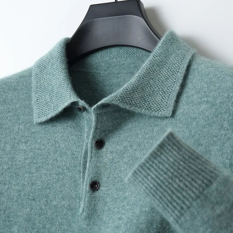 Men's woolen polo collar pullover sweater in noble blue colour on a hanger.