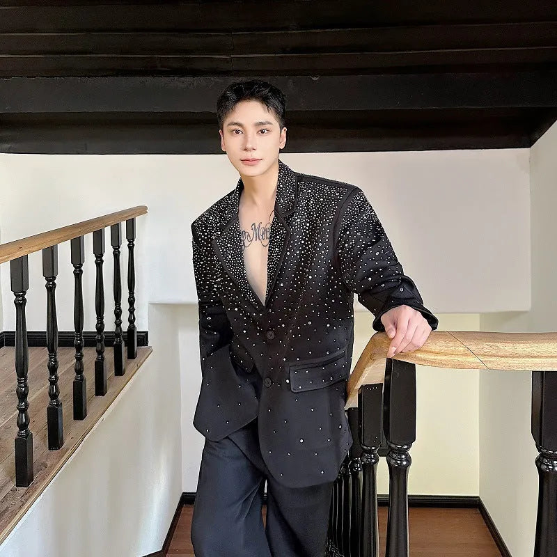 Black men's hot drilling casual suit jacket with chenille fabric and princess sleeves, loose fit