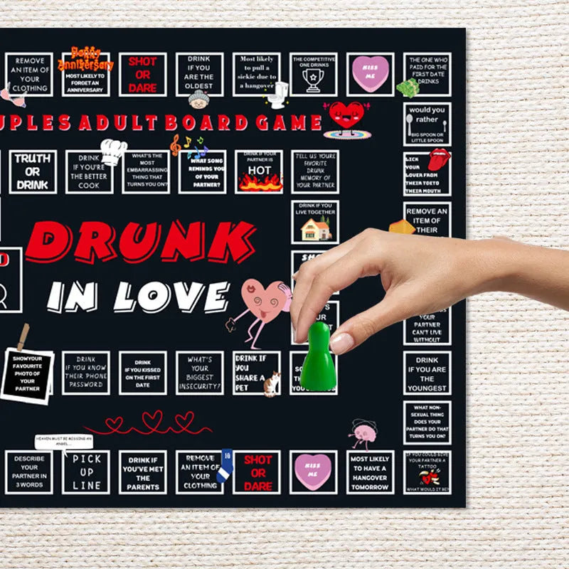 Couple drinking board game on photo cloth with drunk love theme and double game board