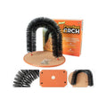 Arched cat grooming station with built-in brush bristles for scratching and coat maintenance