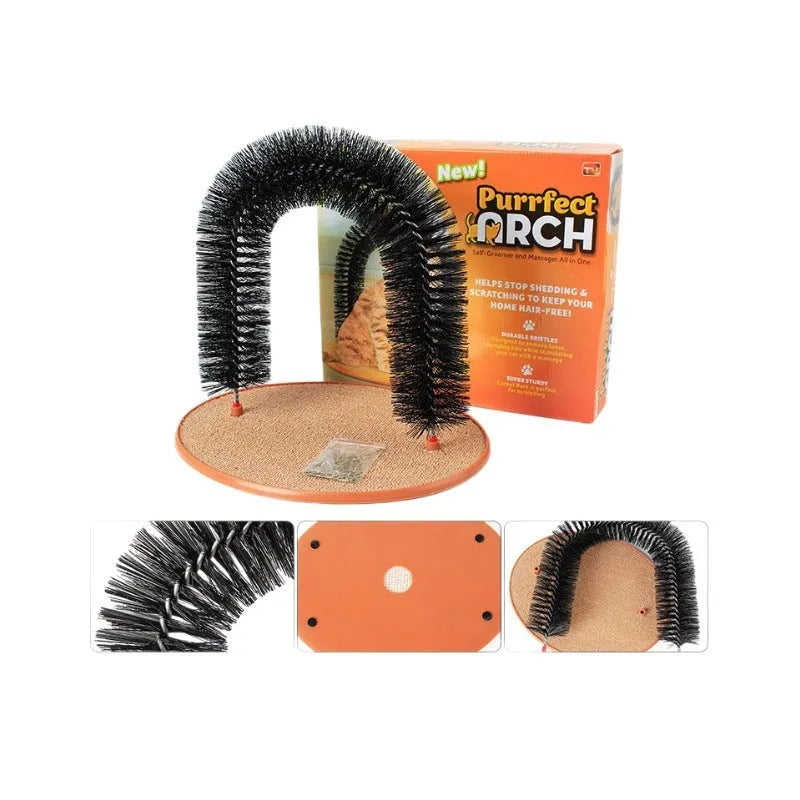 Arched cat grooming station with built-in brush bristles for scratching and coat maintenance
