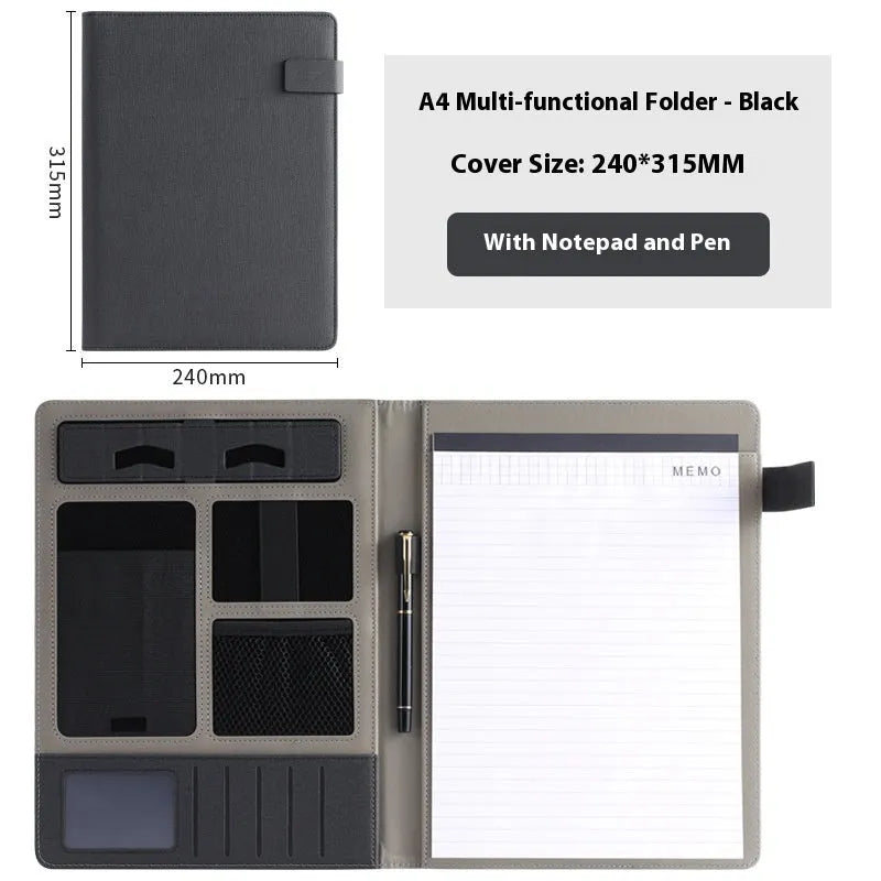 Black leather A4 business folder holding documents, with pen and notepad accessory options.