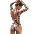 Women's backless one-piece swimsuit with leaf floral print pattern in polyester fabric