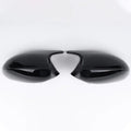 Pair of black ABS plastic rearview mirror shells for BMW 3 Series E90, shown alongside original equipment part numbers.
