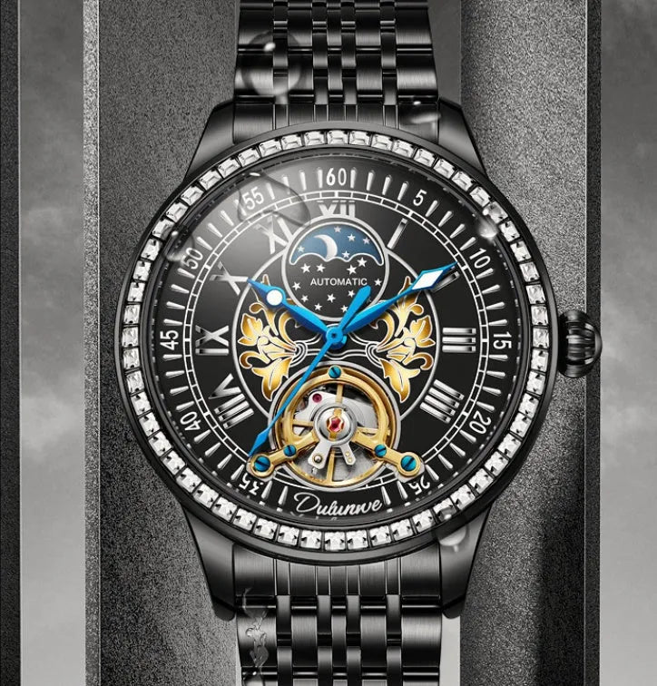 Waterproof men's mechanical watch with transparent case back showing movement inside, stainless steel strap with butterfly buckle