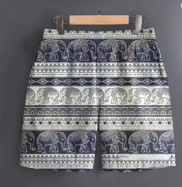 Men's casual polyester shorts in camouflage print, laid flat to show size and pattern.