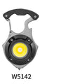 Multifunctional portable keychain light with window breaker and screwdriver, showing charging port and smart display.