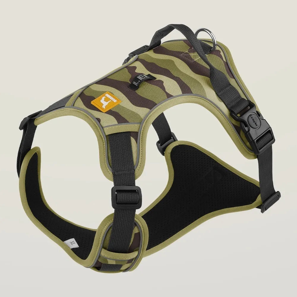 Reflective dog harness with hand-holding rope in oxford cloth fabric showing army green colour option