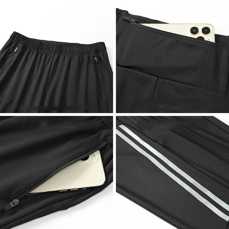 Men's black running trousers with mid waist design and polyester fabric for exercise activities