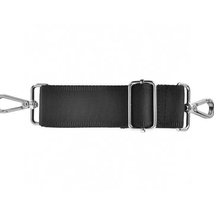 Black Oxford cloth laptop backpack showing multi-pocket organisation and a lock feature.