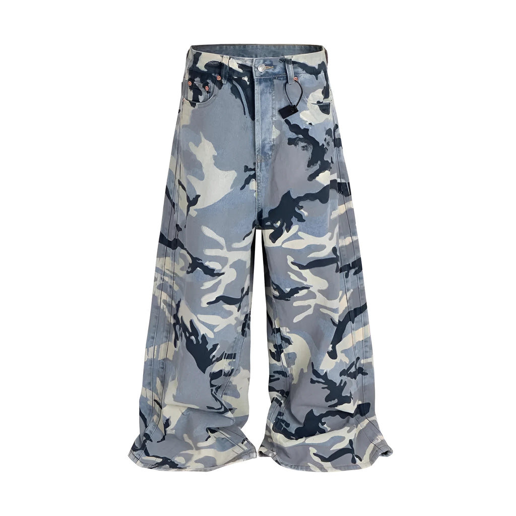 Snow camouflage blue loose fit jeans in cotton elastic denim fabric with mid waist design