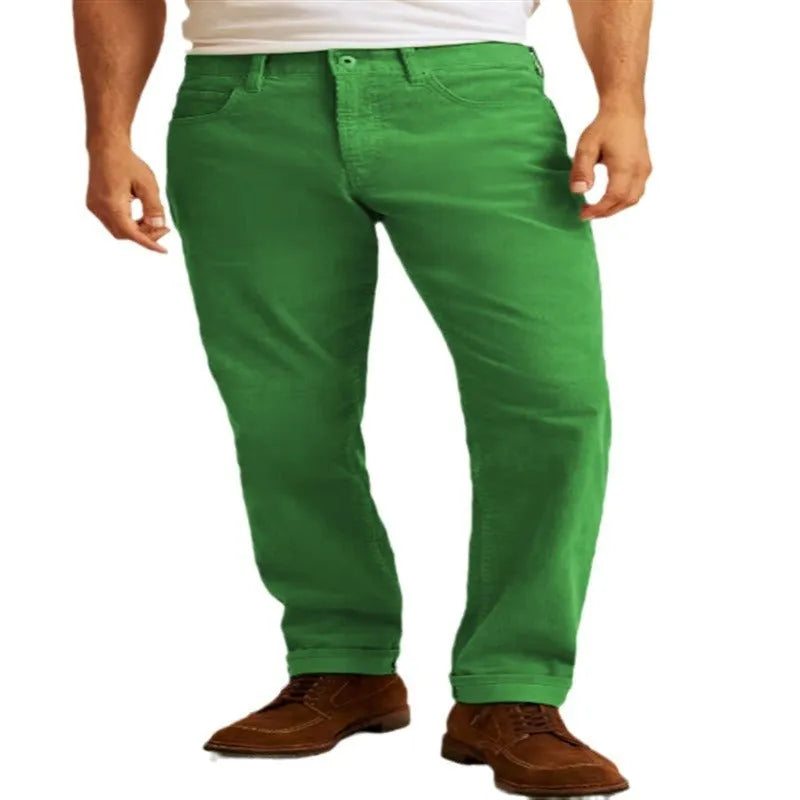Straight-leg corduroy trousers in a solid colour on a mid-waist model.