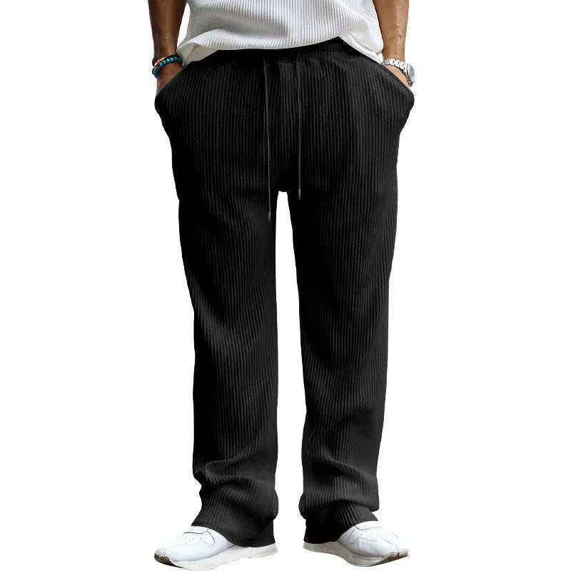 Men's casual loose straight leg trousers in polyester with micro elasticity, shown in army green colour