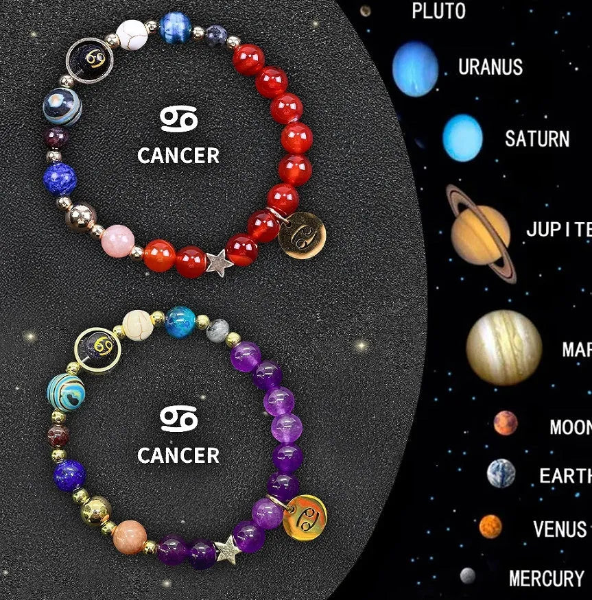 Two natural stone beaded bracelets with zodiac charms on a stretch elastic cord