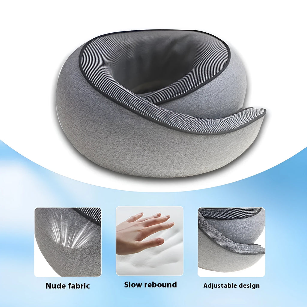 Grey U-shaped memory foam travel neck pillow with a storage bag.