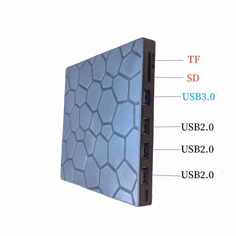 Black external USB CD/DVD drive with compact dimensions for computer optical disc reading and writing