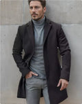 Men's medium-length tweed coat in Camel colour, with thickened polyester fabric on display