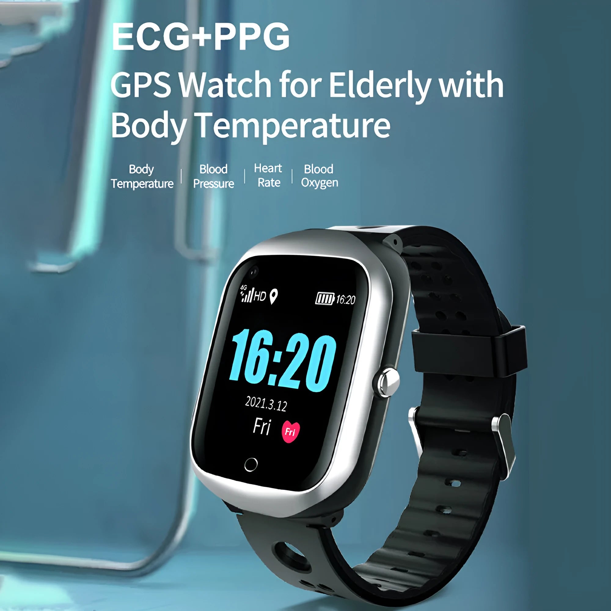 Elderly phone watch with square 1.3 inch screen, silicone strap, and SIM card slot for independent communication