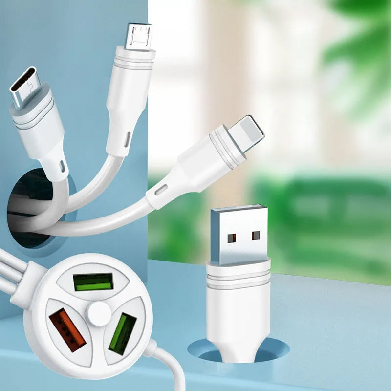 White PD fast charge cable with Type-C, Micro USB and Mini USB connectors on 1.2m PVC cable