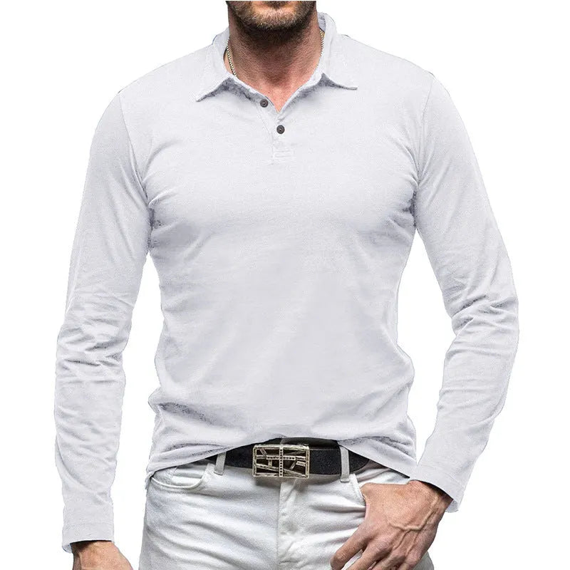 Men's polo collar long sleeve T-shirt in American retro style cotton fabric