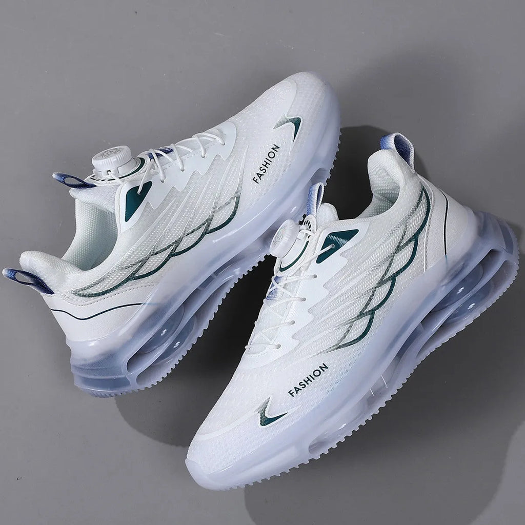 White men's casual sports shoes with rotating button lace system and mesh upper