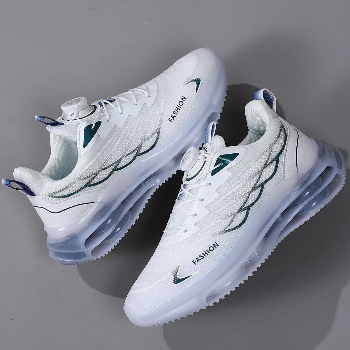 White men's casual sports shoes with rotating button lace system and mesh upper