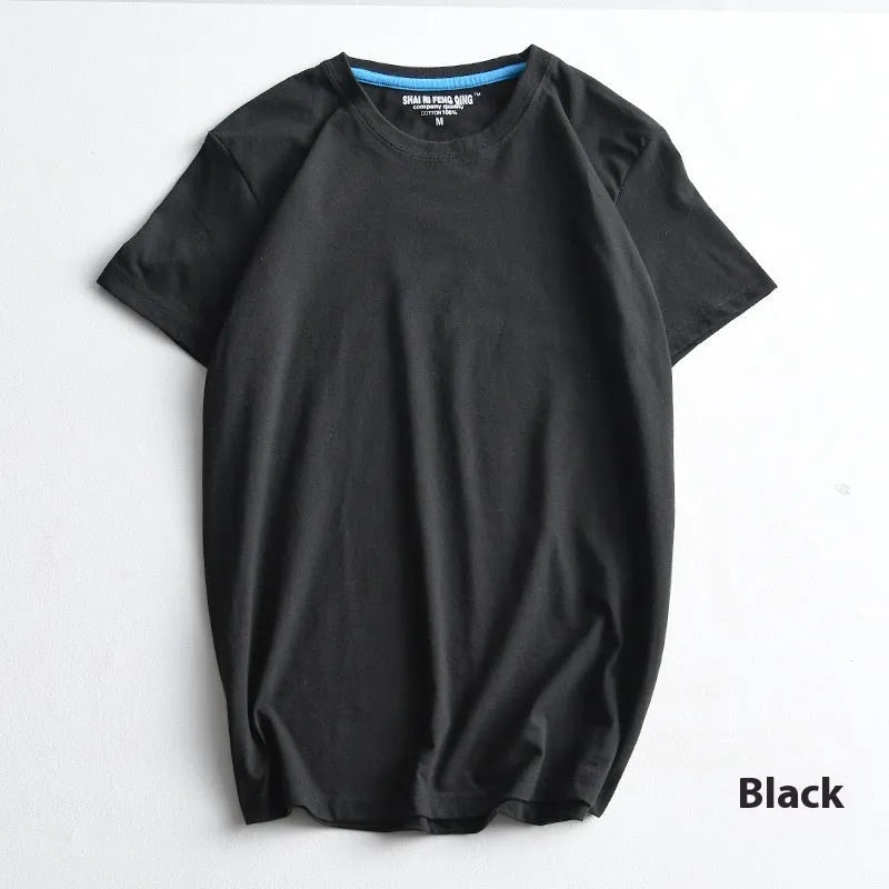 Men's solid colour cotton round neck t-shirt on hanger showing short sleeve design