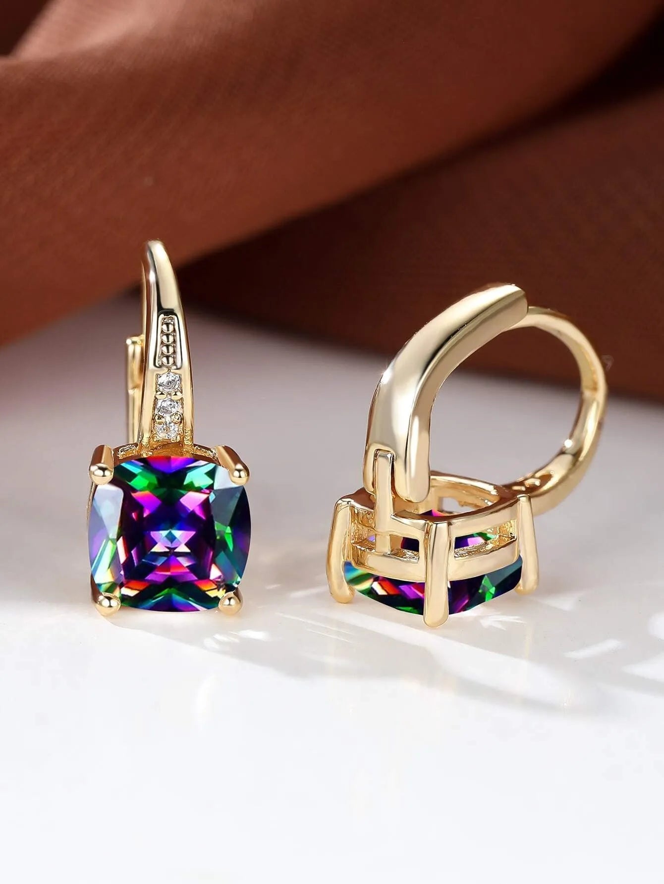 Square geometric ear clip earrings with colourful moissanite inlays and electroplated gold finish