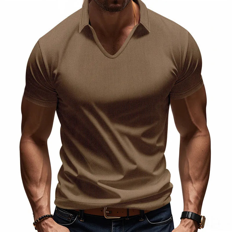 Men's loose fit V-neck short sleeve T-shirt in cotton blend fabric showing colour options