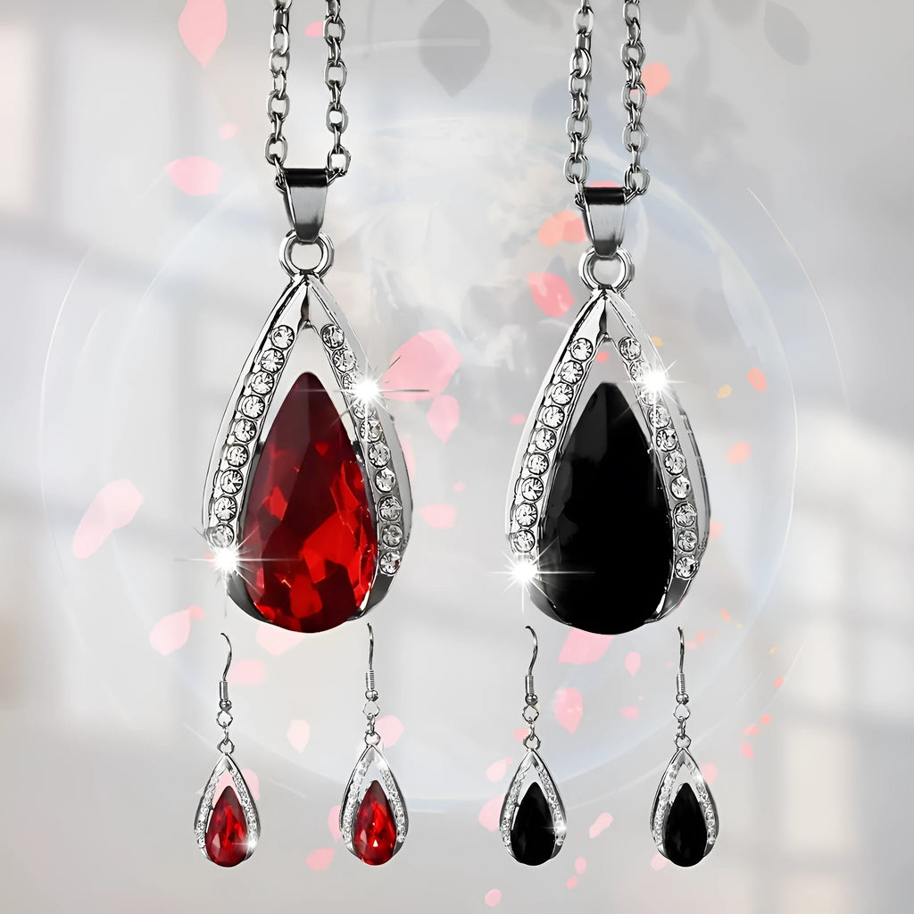 Teardrop glass pendant necklace and earrings matching suite in black or red alloy jewellery
