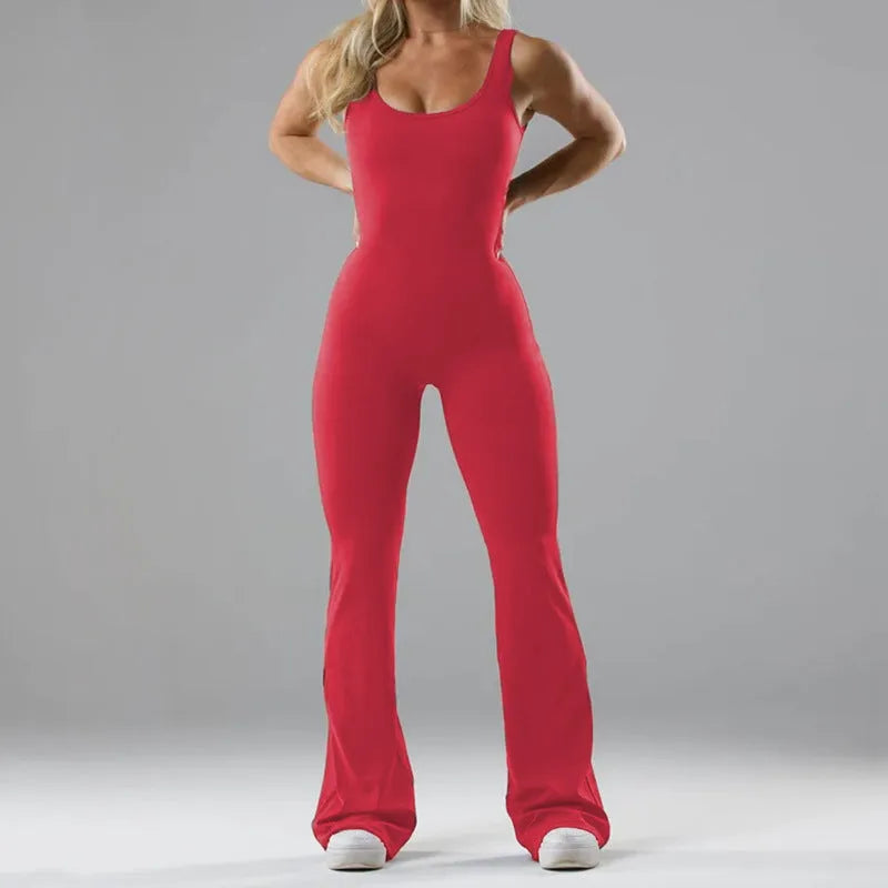 Women's black yoga bodysuit with hollow seam design and built-in chest pads