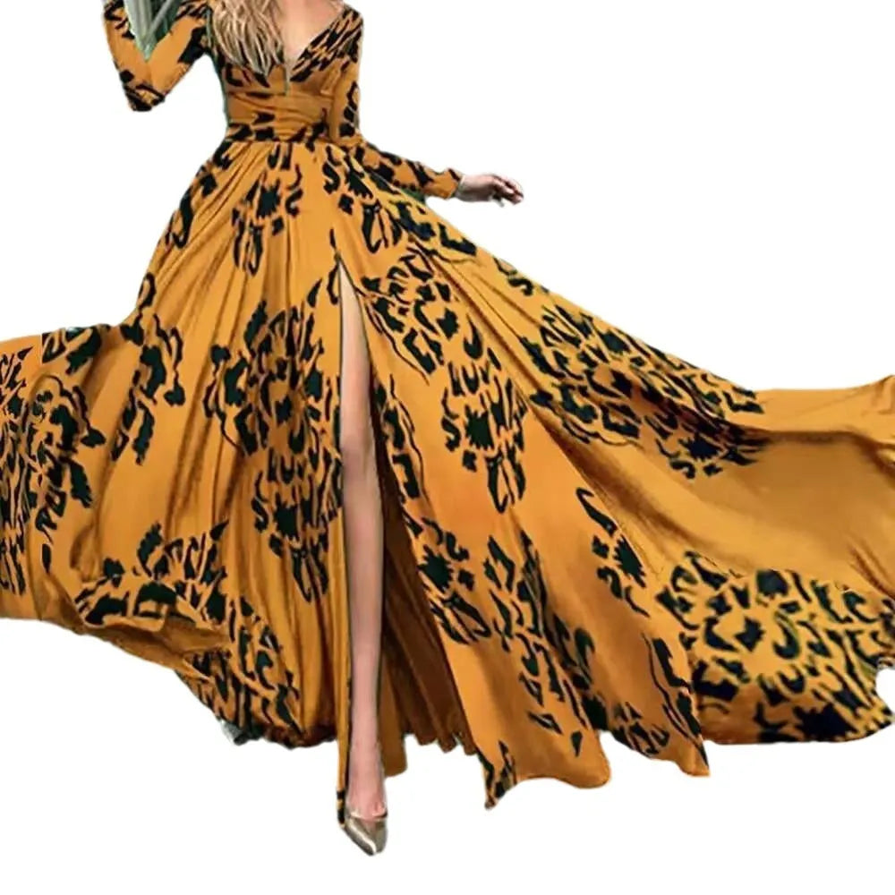 Women's leopard-print deep V split slim-fit long sleeve dress in polyester fabric with 3D digital printing