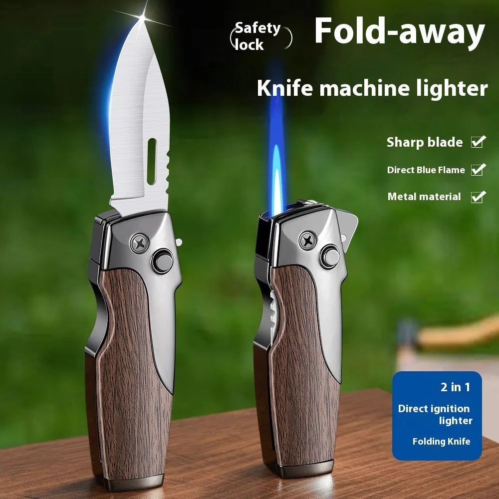 Zinc alloy folding knife and jet lighter multi-tool in black with wood grain finish, showing closed position.