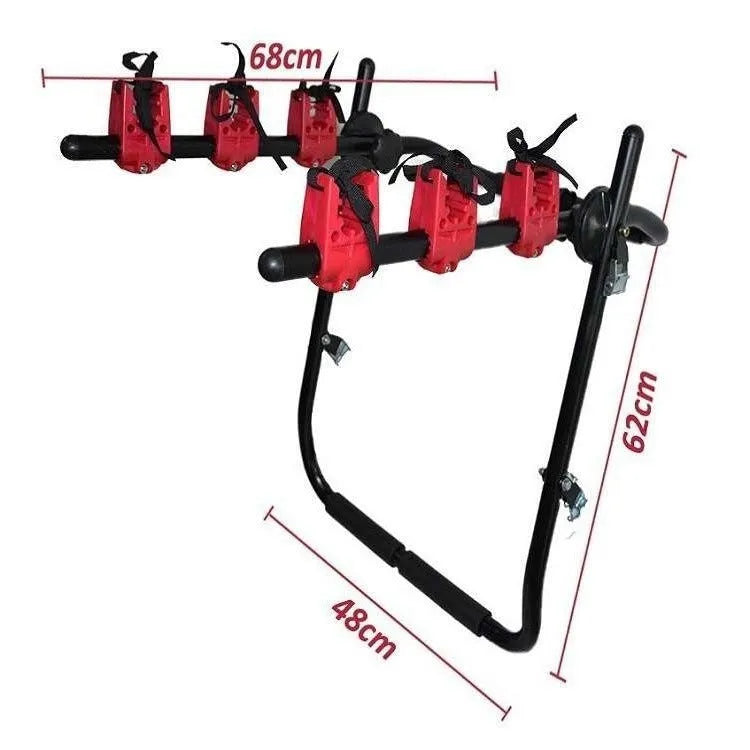 Black and red car boot mounted bicycle rack with protective sponge padding