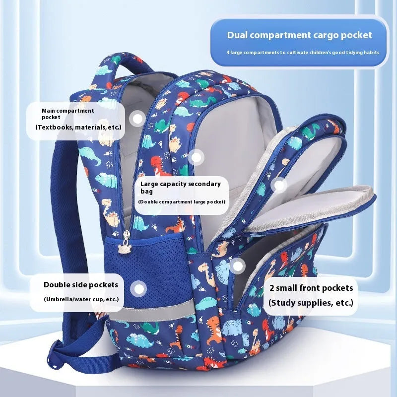 Blue children's waterproof school backpack with dinosaur pattern and curved shoulder straps on a white background.