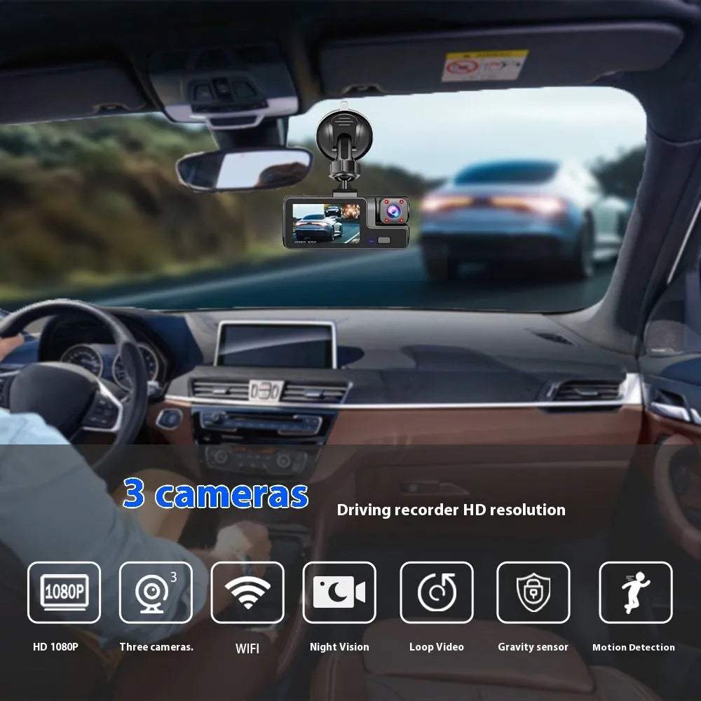 WiFi-connected driving recorder with 2.0-inch screen showing front and rear camera views