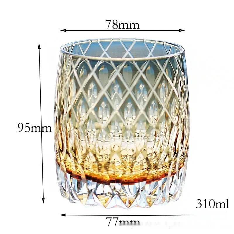 Japanese-style carved crystal whiskey tumbler with 301-400ml capacity in Gray Far Thunder colour on a dark surface