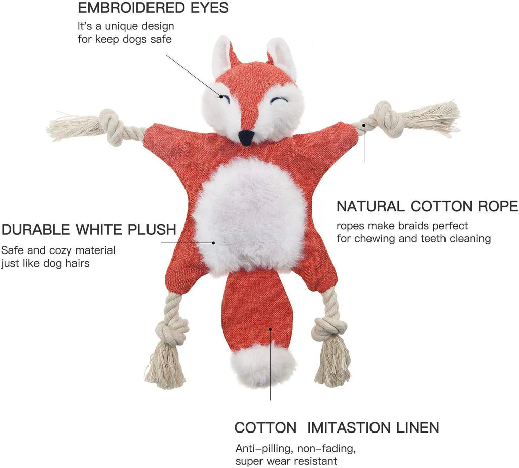 Brown plush fox dog toy with embroidered eyes, rope in limbs, for puppies and small dogs