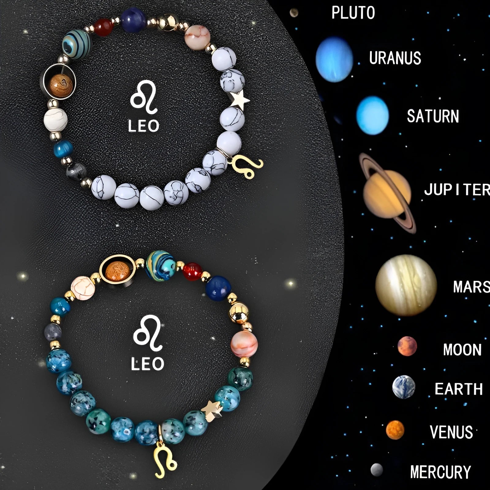Twelve zodiac sign bracelets with natural stone beads on elastic cords showing all astrology symbols